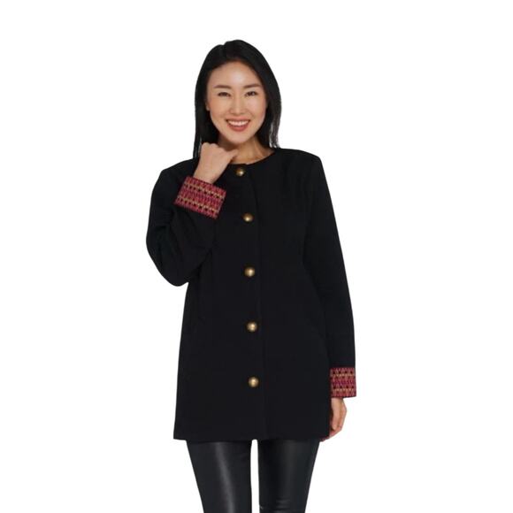 Susan Graver Jackets & Blazers - Susan Graver Jacket Black Rib Knit Jacquard Cuff Gold Button Front Womens 10